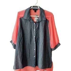 Ashley Stewart Button Down Hi/Low Sheer Back/Sleeve Shirt Size 26 NWT